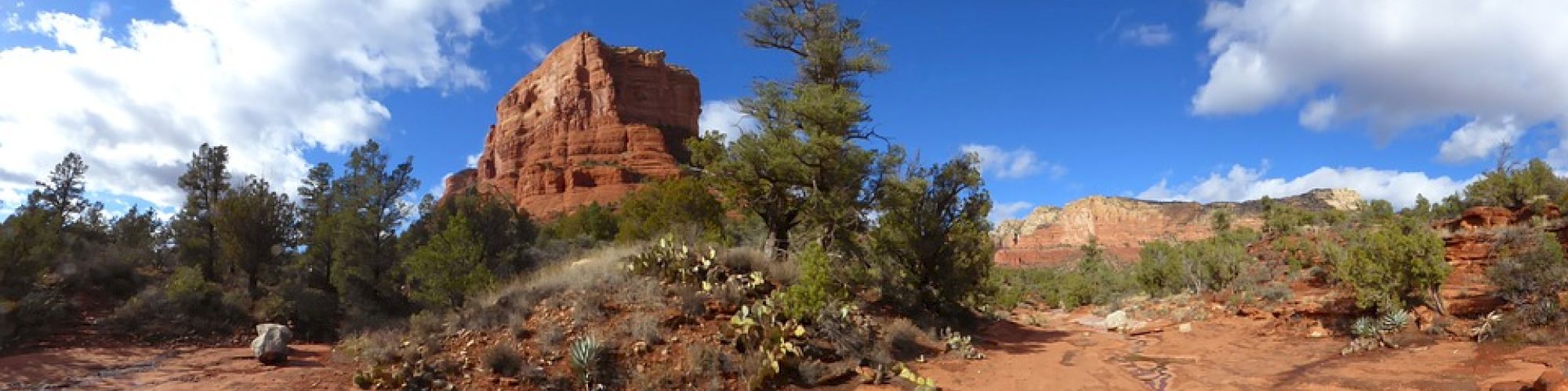 A landscape with a red rock formation, sparse desert vegetation, and a clear blue sky with clouds is shown in the image.