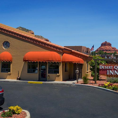 A building with orange awnings, a 