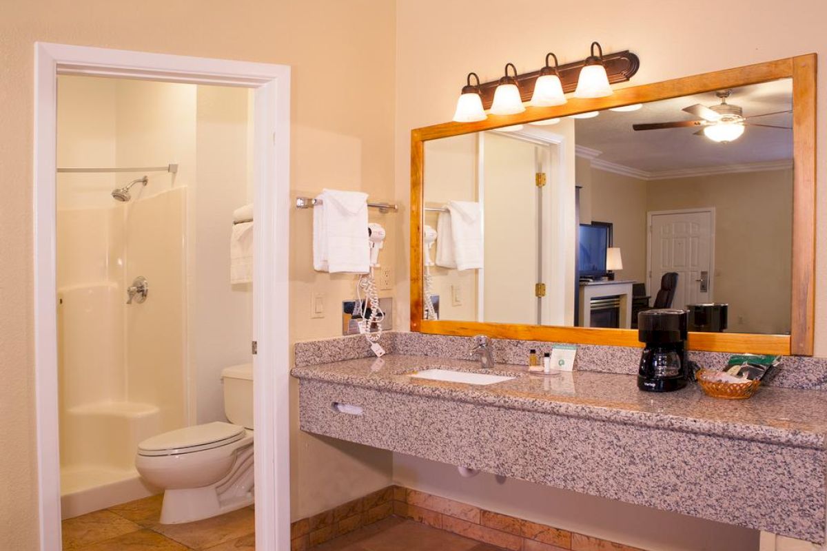 The image shows a bathroom with a shower, toilet, and a large vanity with a mirror. A room with a TV and ceiling fan is visible in the background.